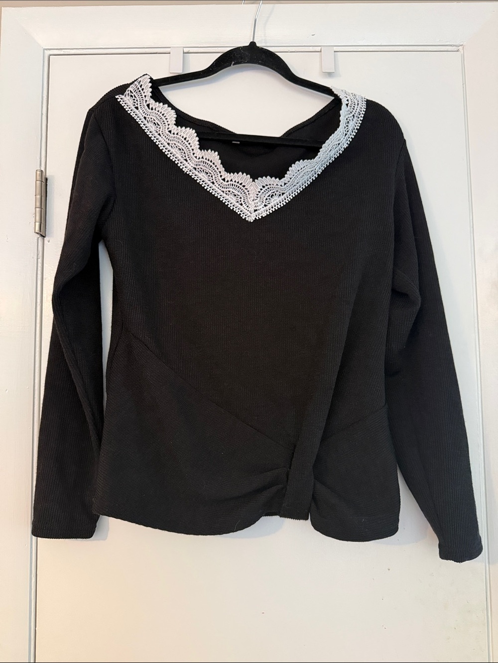 Black Lace-Trim V-Neck Women's Top